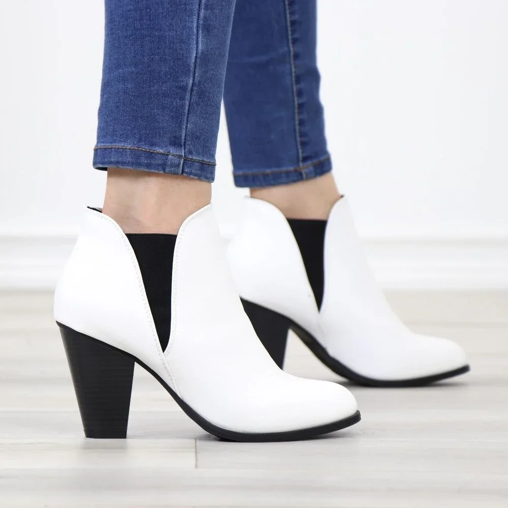 Chelsea Cone High Heel Ankle Boots White Synthetic Leather Pointed Toe - Picture 4 of 12